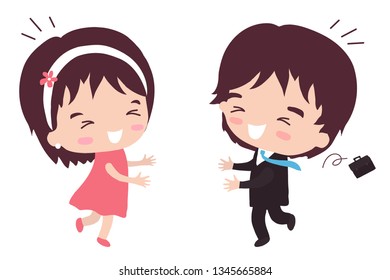 The husband returns from work, he is met by his wife. Vector illustration.