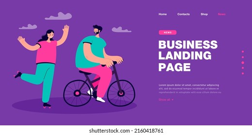 Husband riding bicycle looking at wife on roller skates. Woman roller skating and man on bike flat vector illustration. Leisure, outdoor activity concept for banner, website design or landing web page