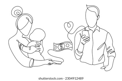 The husband sends money to his wife and child. International Day of Family Remittances. One line drawing for different uses. Vector illustration.