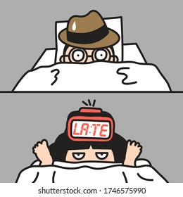 The Husband Was Shocked By His Wife And Her Alarm Clock That Woke Him Up On The Bed Concept Card Character illustration