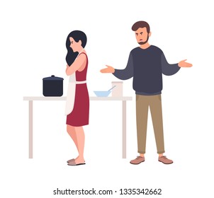 Husband shouting at wife while she is cooking in kitchen. Relationship problem between spouses, romantic partners. Domestic abuse, unhappy marriage, family conflict. Flat cartoon vector illustration.