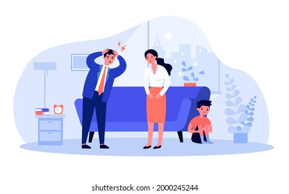 Husband Shouting At Wife While Son Hiding Behind Sofa. Angry Father, Sad Mother, Scared Little Boy Flat Vector Illustration. Family, Divorce Concept For Banner, Website Design Or Landing Web Page