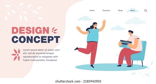 Husband showing big credit card to happy wife. Married couple getting loan from bank flat vector illustration. Finances, banking, family budget concept for banner, website design or landing web page
