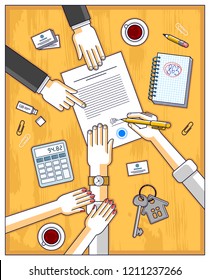 Husband signs bank mortgage hypothec for real property house buying and his wife helps him to dare to make a decision and employee explains terms of loan, top view people hands and paper. Vector.