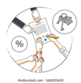 Husband signs bank mortgage hypothec for real property house buying and his wife helps him to dare to make a decision and employee explains terms of loan, top view people hands and paper. Vector.