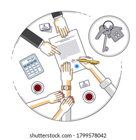 Husband signs bank mortgage hypothec for real property house buying and his wife helps him to dare to make a decision and employee explains terms of loan, top view people hands and paper. Vector.