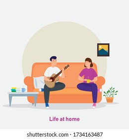 Husband sing a song to his wife vector flat style illustration. Husband and wife at home and enjoying their relax time with guitar and hot coffee. Man and woman sit on sofa. Life at home vector.
