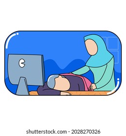 husband sleep in front of personal computer and his wife give blanket to him