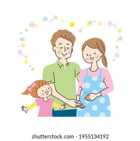 Husband and smiling girl snuggling up to a pregnant woman