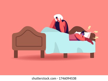 Husband Suffering of Sleeping Wife Snoring. Female Character Snore at Night Sleep. Breathing Disease, Noise Pollution Asleep Angry Man Cover Ears with Pillow in Bed. Cartoon People Vector Illustration