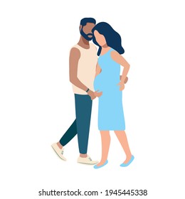 Husband supports and takes care of his wife during childbirth. Partner childbirth vector illustration isolated on white background.