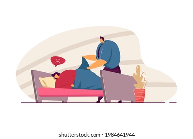 Husband taking care of sick wife. Sad woman lying in bed, man covering with blanket flat vector illustration. Family, relationship, health concept for banner, website design or landing web page