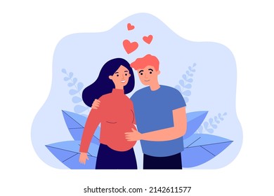 Husband touching belly of pregnant wife with love. Happy hugs of man and woman expecting baby flat vector illustration. Pregnancy, maternity concept for banner, website design or landing web page