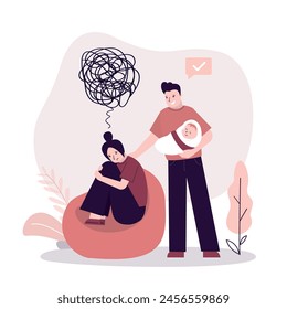 Husband tries to talk and calm down depressed woman after baby born. Father with cute baby. Postpartum depression. Postnatal depression, emotional pressure. Family with infant baby. flat vector