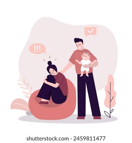 Husband tries to talk and calm down depressed woman after baby born. Father holds crying baby. Postpartum depression. Postnatal frustration, emotional pressure. Family with infant baby. flat vector