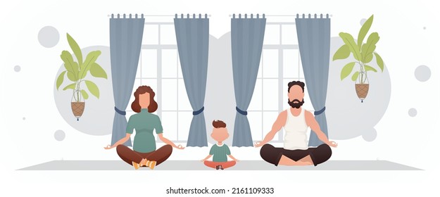 Husband and wife with adorable baby doing yoga in the room. Yoga. Cartoon style. Vector illustration