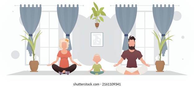 Husband and wife with adorable baby doing yoga in the room. Meditation. Cartoon style. Vector illustration