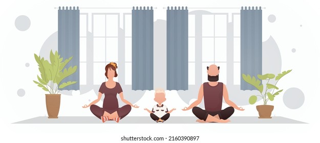 A husband and wife with an adorable baby meditate in the lotus position in the room. Yoga. Cartoon style. Vector illustration