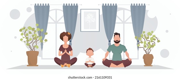 Husband and wife with an adorable baby are meditating in the room. Yoga. Cartoon style. Vector illustration