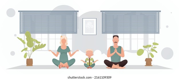Husband and wife with an adorable baby are sitting in a lotus position in a room. Meditation. Cartoon style. Vector illustration