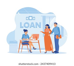 A husband and wife apply for loan approval from a bank officer. Approved Loan concept. Flat vector illustration.