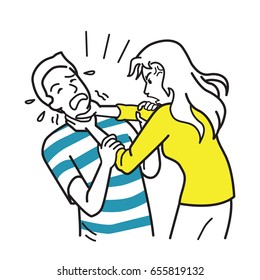 Husband   wife argueing  furious   angry woman strangling man's neck  Vector illustration character  hand draw  sketch  doodle  funny cartoon style  