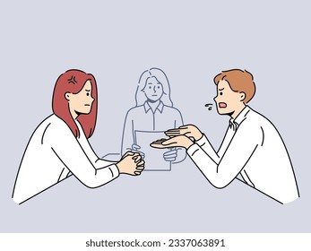 Husband and wife are arguing in lawyer office arguing out relationship during filing of documents for divorce. Married couple turned to lawyer to resolve conflict and help in division of property
