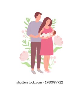 Husband and wife with a baby. A happy young family on a background of leaves and flowers. The concept of happiness, care and parenthood. Flat vector illustration.