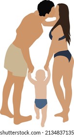 Husband and wife in a bathing suit kiss and hold the child's hands