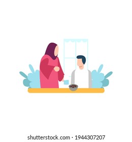 a husband and wife are breaking their fast, flat illustration