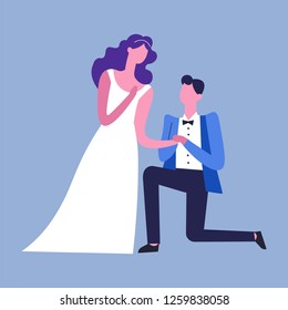 Husband and wife bride in dress and groom in tuxedo wedding and marriage white gown and suit woman and man engagement one knee love and affinity family creation girl and guy celebration vector.