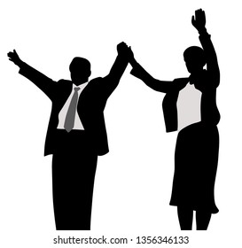 Husband and wife business political campaign winners, waving raised hands.