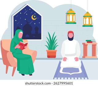 Esposa do marido Busy conceito de adoração noturna, Noites do Ramadã Oração, Paz, e o projeto vetorial do Alcorão, cena do Eid al-Adha, banner do Eid al-Kabir Hajj, ilustração tradicional do Festival dos Muçulmanos Árabes