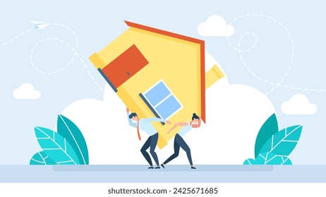 A husband and wife carry the house on their shoulders. Expenses for buying, renting, maintaining housing. Man, woman, home. The family spends the budget on the house. Flat design. Vector illustration