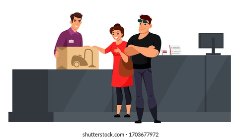 Husband And Wife At Cashier Desk. Man And Woman Married Couple Buying Vacuum Filter In Electronic Store. Shop Assistant Giving Box With Home Appliance. People Isolated On White Background