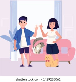Husband and wife with cat in house - vector illustration