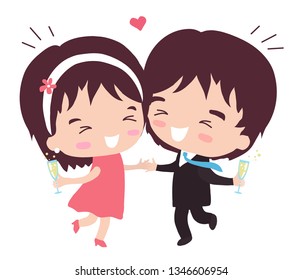 Husband and wife celebrate promotion at work. Man and woman with a glass of champagne. Vector illustration.