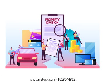 Husband And Wife Characters Divide Property On Divorce Process. Conflict Resolution, Legal Services Assistance. Rights Infringement. Fair Marital Division Agreement. Cartoon People Vector Illustration