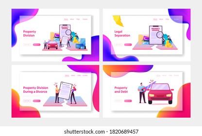 Husband, Wife Characters Divide Property on Divorce Process Landing Page Template Set. Conflict Resolution, Legal Services Assistance. Rights Infringement, Division. Cartoon People Vector Illustration