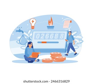 Husband and wife check the electricity meter and calculate the gas, water, and electricity bills. Regular payments online. Utility bills concept. Flat vector illustration.