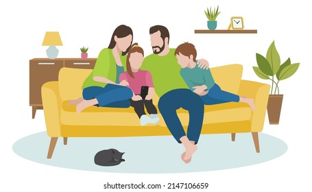 Husband and wife with children sitting together on the couch and looking at the phone. Family on the couch. Flat design. Vector illustration on white background