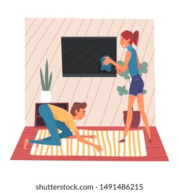 Husband and Wife Cleaning Living Room Together, Man Cleaning Carpet, Young Woman Wiping Dust from Tv Screen, Family Cleaning Home on Weekend Vector Illustration