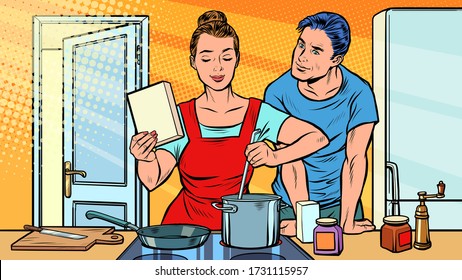 Husband And Wife Cook In The Kitchen. Pop Art Retro Vector Illustration 50s 60s Style