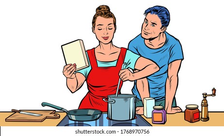 Husband and wife cook in the kitchen. Pop art retro vector illustration 50s 60s style