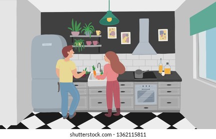 Husband and wife cook together. Kitchen interior with furniture. Woman and men in the kitchen. Household appliances, refrigerator, stove, hood, dishes. Cozy modern interior.  Vector illustration.