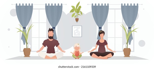 Husband with wife and daughter doing yoga in the room. Meditation. Cartoon style. Vector illustration