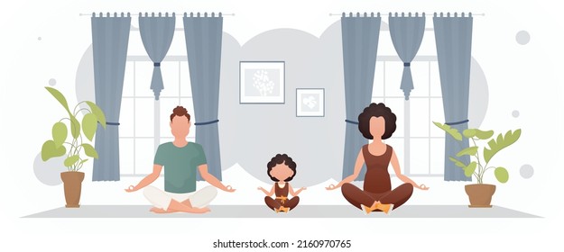 Husband with wife and daughter meditate in the lotus position in the room. Meditation. Cartoon style. Vector illustration