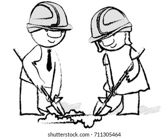 husband and wife dig, dig foundation, shovel, earth, business, business plan, work, helmet of the builder, cooperation, woman, engineer, female, man, work, helmet, digging, people