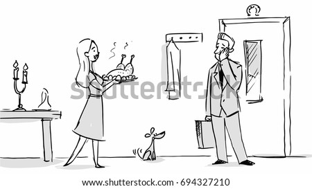 Husband and wife dinner at home Vector sketch for cartoon, storyboard, project