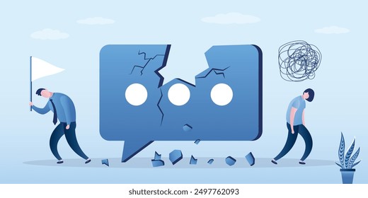 Husband and wife do not speak, conflict, silence. Quarrel problem in communication concept, two business people go away from broken speech bubble and do not talk to each other. Give up, frustration.